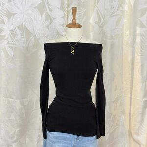 Active Basic Black Off Shoulder Long Sleeve Ribbed Knit Top Women S/M